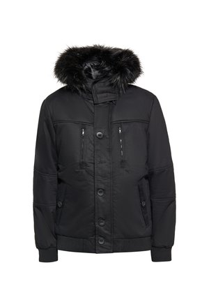Veste d'hiver noire avec capuche doublée en fourrure, fermeture avant par boutons et zip, deux fermetures éclair verticales sur la poitrine et deux poches latérales.