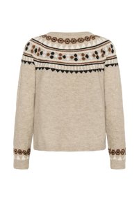Pull en beige tricoté avec un col rond, présentant un empiècement à motifs en noir, marron et crème. Manches longues avec un design de poignet décoratif.