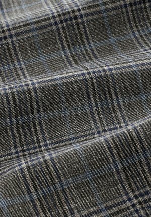 Woven fabric featuring a gray base with a blue and black plaid pattern. Textured surface with alternating dark and light stripes.