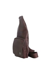 Brown leather sling bag with a triangular shape, featuring a front zip pocket and adjustable strap. Minimalistic design with a logo detail.