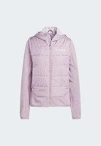 Giacca zip-up viola chiaro con parte anteriore imbottita, maniche in tessuto liscio, cappuccio e logo Terrex sul lato sinistro del petto. Presenta due tasche anteriori.