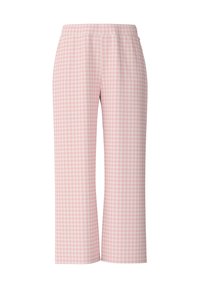 Roze geruite broek met een brede pijpdesign, een elastische tailleband en een gladde, lichte stof voor comfort en bewegingsvrijheid.