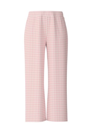 Roze geruite broek met een brede pijpdesign, een elastische tailleband en een gladde, lichte stof voor comfort en bewegingsvrijheid.
