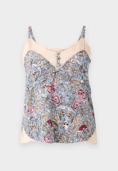 Floral-patterned camisole in light blue with red and pink flowers, featuring lace accents and adjustable straps. Textured beige neckline.