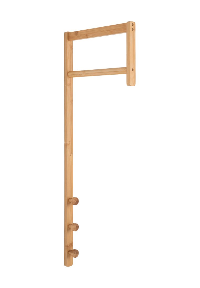 Cintre mural en bambou avec un design vertical, comportant trois crochets ronds et une barre horizontale en haut pour un espace de rangement supplémentaire.