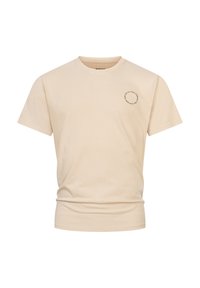 Camiseta de algodón beige con mangas cortas, escote redondo y un pequeño gráfico circular en el lado izquierdo del pecho, con texto en marrón.