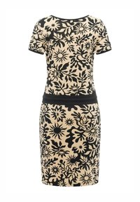 Beiges, kurzärmliges Kleid mit schwarzem Blumen- und Sonnenstrahlenmuster, ausgestattet mit einem schwarzen Taillenband und einem figurbetonten, knielangen Rock.