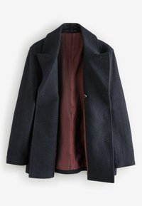 Dunkler Wollmantel mit breitem Revers, doppelter Knopfleiste und einem kastanienbraun gemusterten Innenfutter. Verfügt über einen Knopf und Seitentaschen.
