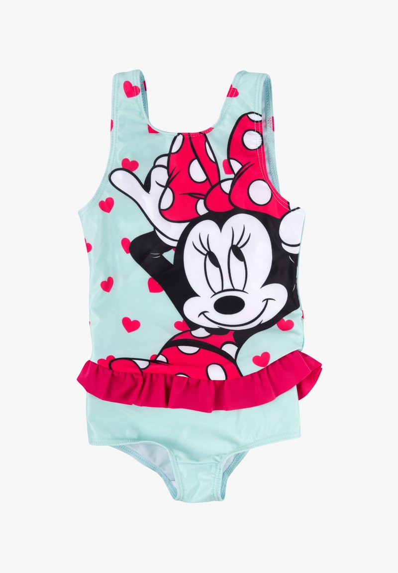 Costume da bagno azzurro per bambina con stampa di Minnie Mouse, fiocco rosso e cuori, e un dettaglio di gonna volanante rossa.