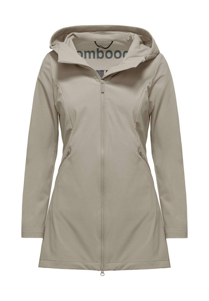 Lichtbeige waterdichte jas met een aansluitend ontwerp, ritssluiting en een verstelbare capuchon. Soepele textuur en minimale details.