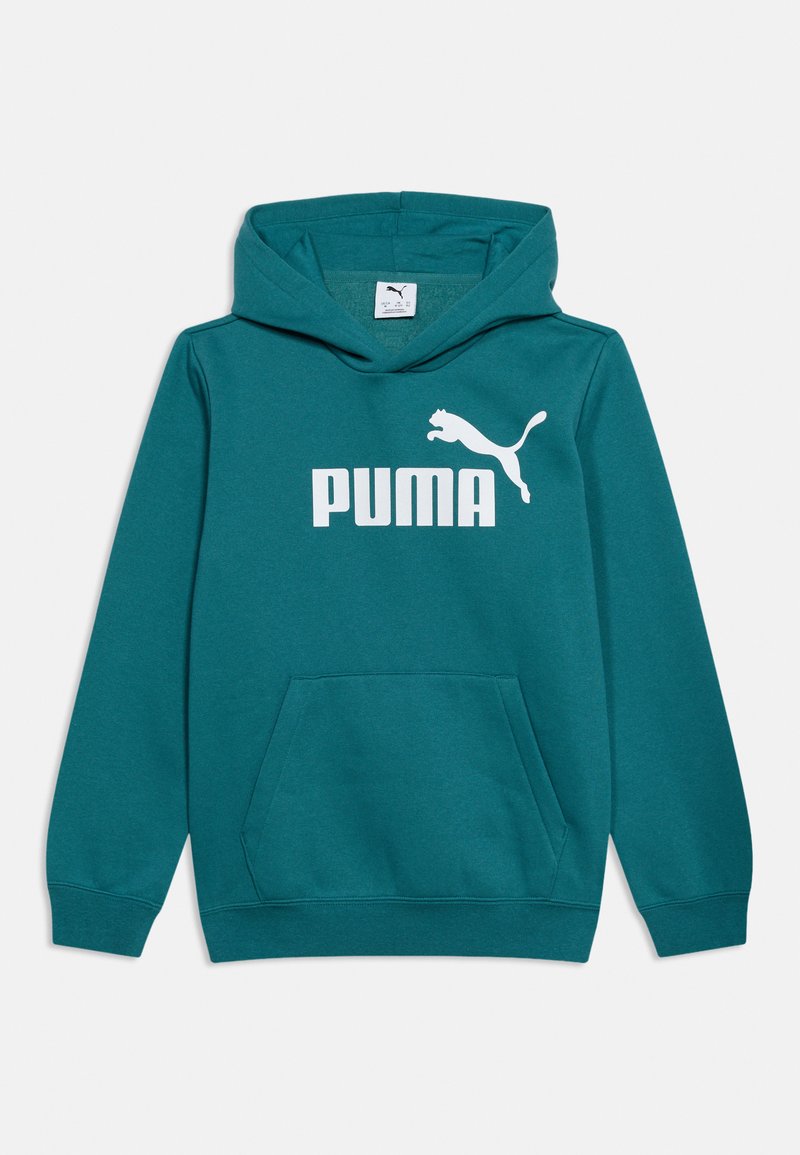 Sweat à capuche couleur bleu sarcelle avec une poche kangourou à l'avant et un logo Puma blanc ainsi que du texte centrés sur la poitrine, sur fond blanc.