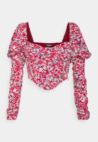 Top floral de manga longa em vermelho com flores rosa, roxas e brancas. Apresenta mangas bufantes e decote quadrado. Acabamento de tecido texturizado.