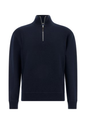 Navyblauwe kwart-rits pullover trui van een zacht materiaal met geribde manchetten en zoom. Voorzien van een metalen rits en een hoge kraag.