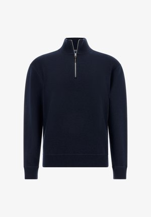 Navy-blauer Pullover mit Viertel-Reißverschluss aus weichem Material, mit gerippten Bündchen und Saum. Verfügt über einen metallischen Reißverschluss und einen Stehkragen.