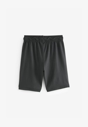 Zwarte sportshorts van lichtgewicht, gladde stof met een elastische tailleband en zonder zakken. Eenvoudig, functioneel ontwerp.