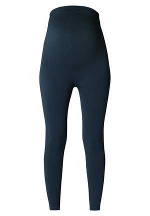 Geribbelde donkeren blauwe leggings met een hoge, brede tailleband, met een gladde textuur en een volledige lengte. Geen zichtbare branding of patronen.