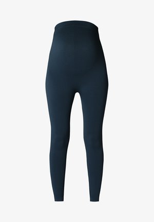 Ribbed dark blue leggings with a high, wide waistband, featuring a smooth texture and full-length design. No visible branding or patterns.