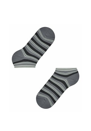 Gray ankle socks featuring black and light gray horizontal stripes, with contrasting ribbed cuffs and seamless toe design.