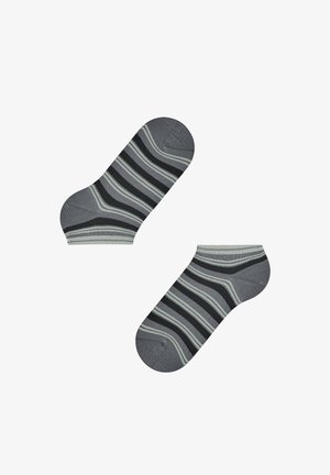 Gray ankle socks featuring black and light gray horizontal stripes, with contrasting ribbed cuffs and seamless toe design.