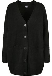 Cardigan noir en tricot avec un col en V, cinq boutons sur le devant, deux poches avant et une coupe décontractée. Texture douce et manches longues.