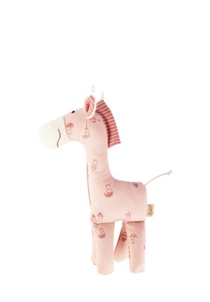 Stuffed giraffe toy made of soft pink fabric featuring a repeating pattern of small acorns. Includes striped ears and textured snout.