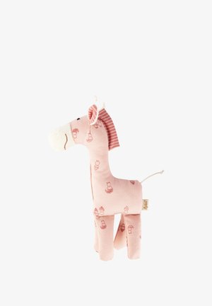 Stuffed giraffe toy made of soft pink fabric featuring a repeating pattern of small acorns. Includes striped ears and textured snout.