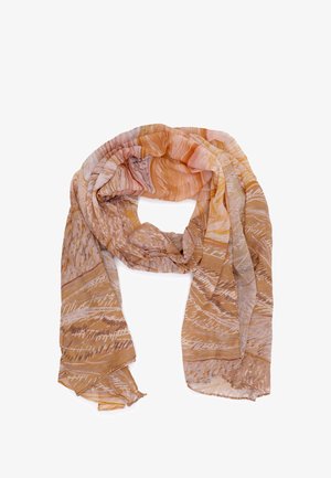 Foulard leggero e dalle fantasie nei toni caldi dell'arancione, del beige e del crema. Caratterizzato da un tessuto fluente e testurizzato con design astratti.