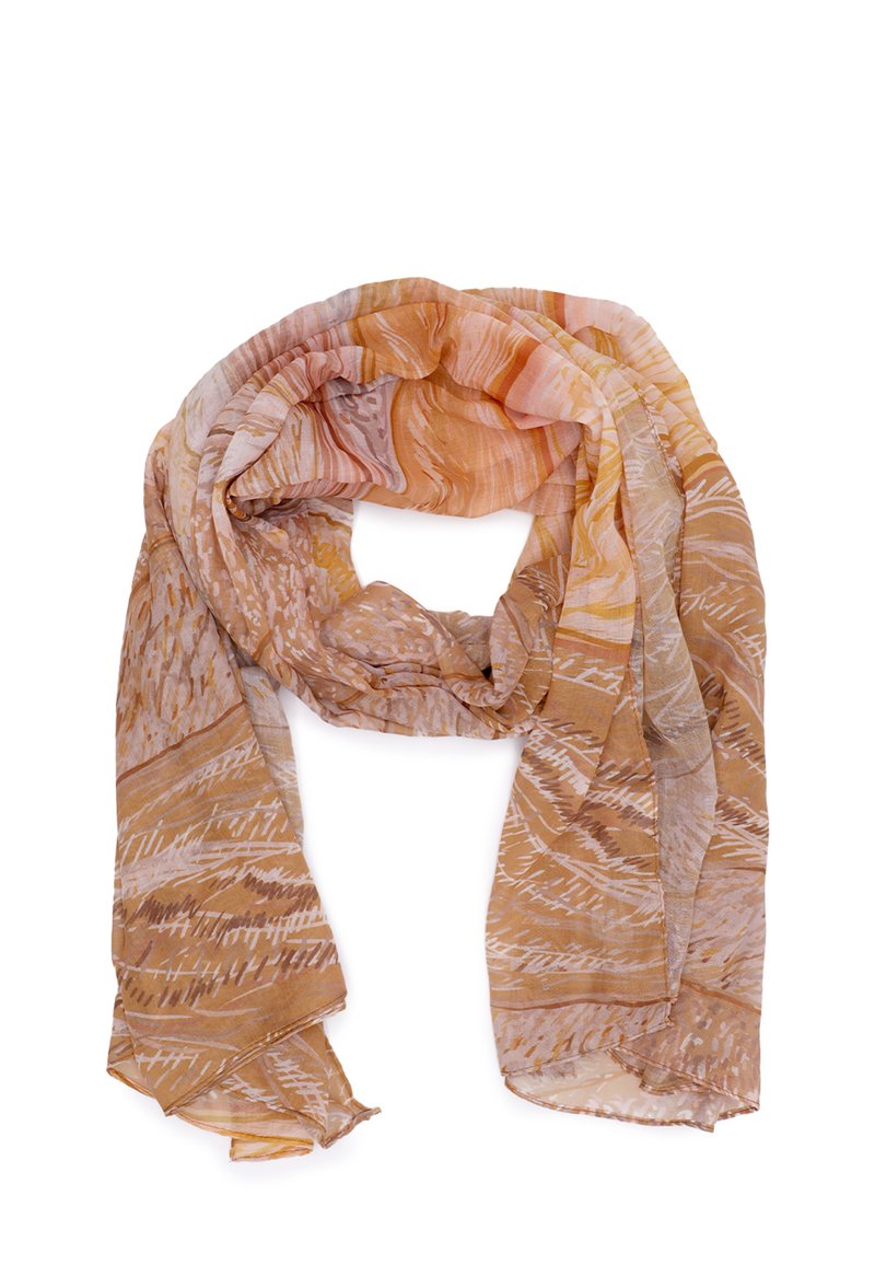 Foulard leggero e dalle fantasie nei toni caldi dell'arancione, del beige e del crema. Caratterizzato da un tessuto fluente e testurizzato con design astratti.