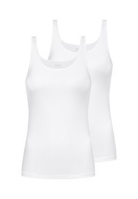 Zwei weiße Tanktops aus einem glatten Baumwollmischgewebe. Sie verfügen über einen klassischen Rundhalsausschnitt und schmale Schulterträger.