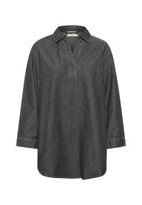 Mørkegrå denimskjorte med halv knaplukning, lange ærmer og krave. Har minimal syning og en afslappet pasform.