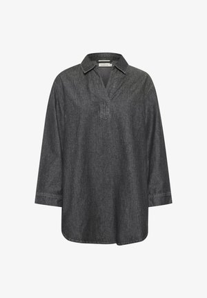 Camicia in denim grigio scuro con mezza patta, maniche lunghe e colletto. Presenta cuciture minime e una vestibilità rilassata.