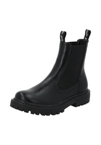 Czarne skórzane botki typu chelsea z elastycznymi bokami, teksturowaną gumową podeszwą i uchwytami z białym logo. Gładkie wykończenie oraz zaokrąglony nosek.