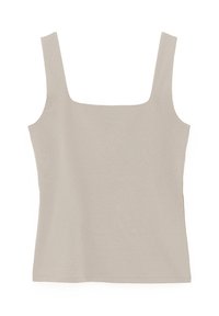 Beige väritön toppi, jossa leveät olkaimet ja neliönmuotoinen pääntie, esitettynä tasaisesti valkoista taustaa vasten.