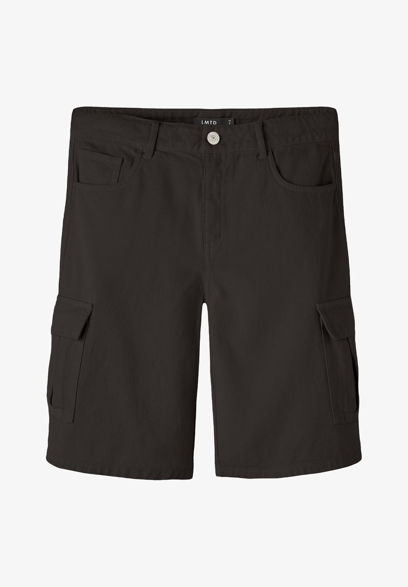 Shorts cargo noirs avec bouton frontal, passants de ceinture, poches latérales à rabat et deux poches avant ouvertes, marque LMTD sur la ceinture intérieure.