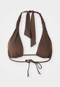 Brūns bikini tops ar trijstūra kausiem, ar haltera kakla lentēm un saistīšanas detaļām aizmugurē. Izgatavots no gludas, elastīgas auduma ar matētu apdari.