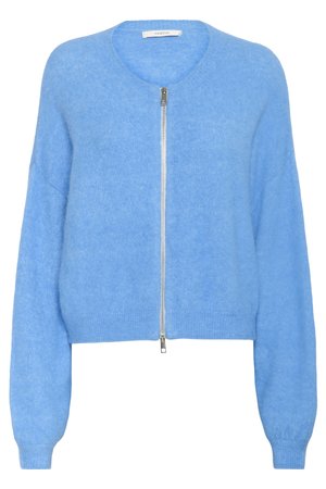 Jasnoniebieski kardigan zapinany na zamek, wykonany z miękkiej mieszanki wełny, z okrągłym dekoltem, ściągaczami na rękawach i teksturowanym wykończeniem.