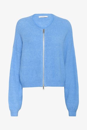 Hellblauer Cardigan mit Reißverschluss aus weichem Wollmischgewebe, mit rundem Ausschnitt, gerippten Bündchen und strukturierter Oberfläche.