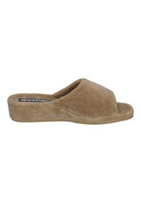 Beige, plush slide sandals with an open toe and a low wedge sole. Material has a soft, textured finish. Brand logo visible on the insole.