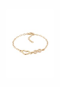 Guldkedjearmband med ett öppet hjärta och en oändlighetssymbol, prydd med klara stenar, säkert med en kräftklämma.