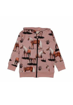Children's dusty pink zip-up hoodie with front pockets, featuring a repeated pattern of brown horses with white manes standing on grassy patches.