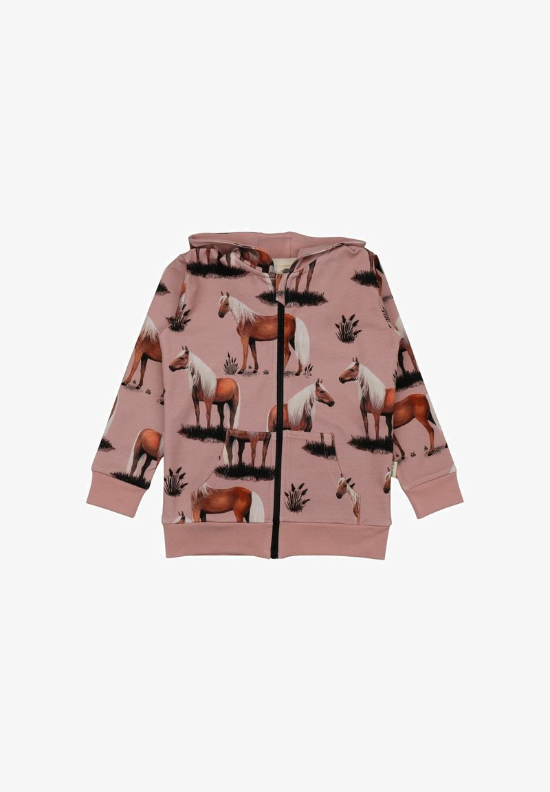 Staubrosa Kapuzenjacke mit Reißverschluss für Kinder, mit frontalen Taschen und einem wiederholten Muster aus braunen Pferden mit weißen Mähnen, die auf grasbewachsenen Flächen stehen.