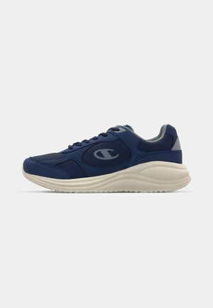 Navy blue athletic shoes with mesh and synthetic upper, cushioned sole, and grey accents. Features logo on the side and tonal lacing.