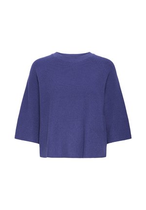 Paars gebreide trui met korte mouwen, geribde ronde hals en brede, losse mouwen, weergegeven op een witte achtergrond.