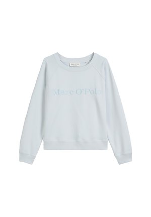 Lichtblauwe sweater met ronde hals en lange mouwen, met "Marc O'Polo" geborduurd op de borst in bijpassend blauwe draad.