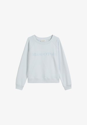 Hellblaues Sweatshirt mit Rundhalsausschnitt und langen Ärmeln, mit "Marc O'Polo" in passendem blauen Faden auf der Brust gestickt.