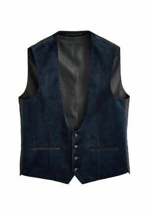 Marineblaues Vest mit einer Wildleder-Optik und schwarzem Mesh-Futter, ausgestattet mit einem tiefen V-Ausschnitt, fünf Knöpfen und zwei Fronttaschen.