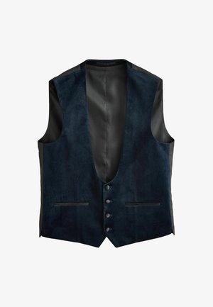 Tamsiai mėlynas liemenė su zomšos tekstūra ir juodu tinklu, turinti gilią V formos iškirptę, penkis mygtukus ir dvi priekines kišenes.