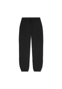 Pantaloni de trening negri cu talie elastică și manșete elastice la glezne. Confecționați dintr-un material neted și ușor. Design simplu, de culoare uni.