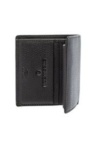 Portafoglio in pelle nera con finitura testurizzata, dotato di più slot per carte, un logo impresso e protezione RFID. Forma compatta e rettangolare.