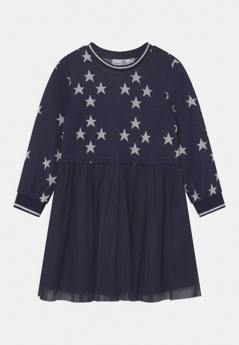 Abito lungo a maniche per ragazza blu navy con motivo di stelle bianche nella parte superiore e gonna in tulle a strati nella parte inferiore.